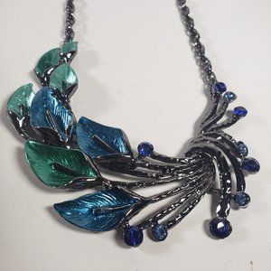 Silver Tone Blue and Green Lilly Flowers Statement Necklace W/ Blue Rhinestones